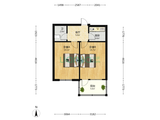 绿化路19号院 2室1厅1卫 52平方