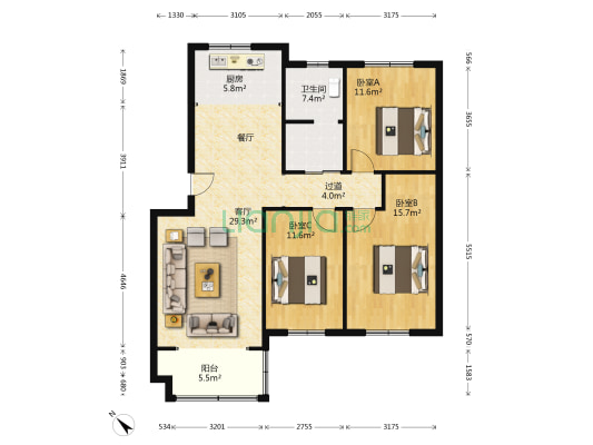 黄梅新村东区 3室1厅1卫 107平方