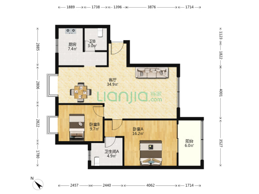 滨湖嘉园 2室1厅2卫 100平方