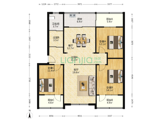 山东省粮食局宿舍 3室2厅1卫 121平方