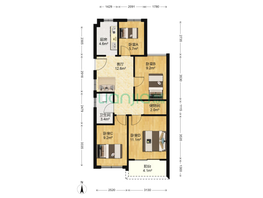 广华家园 4室1厅1卫 84平方