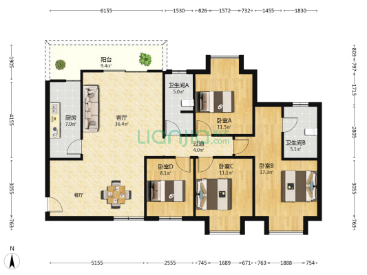 广电苑仁园 4室1厅2卫 141平方