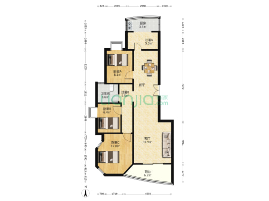 吉祥花园北区 3室1厅1卫 107平方