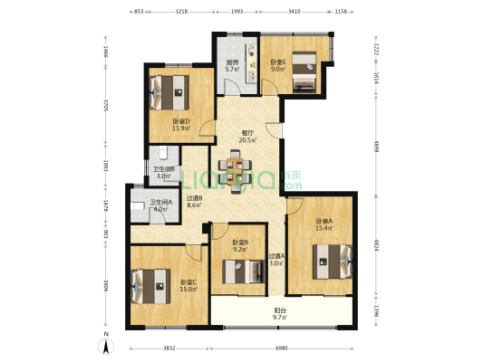 绿地湖湘中心 5室1厅2卫 133平方