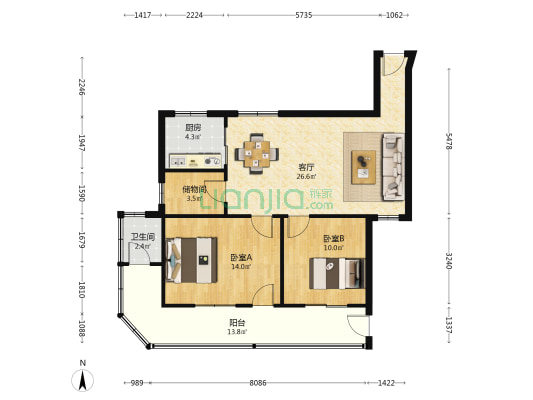 中国建设银行宿舍 2室1厅1卫 90平方