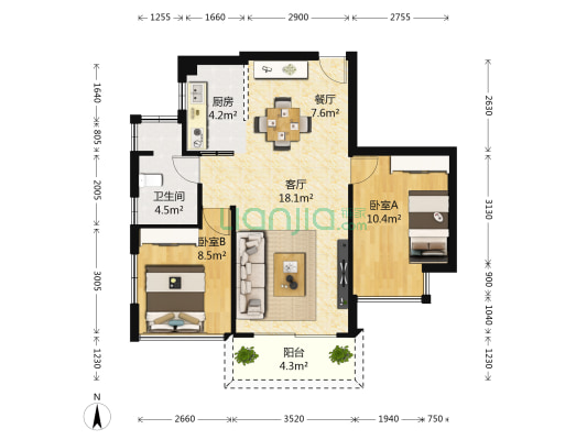 优雅翠园 2室2厅1卫 80平方