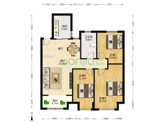 新汉城 3室1厅1卫 122平方