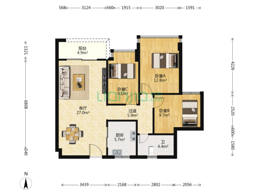 锦秀花苑 3室1厅1卫 89平方