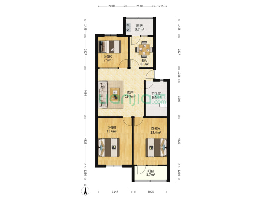 广安小区 3室2厅1卫 87平方