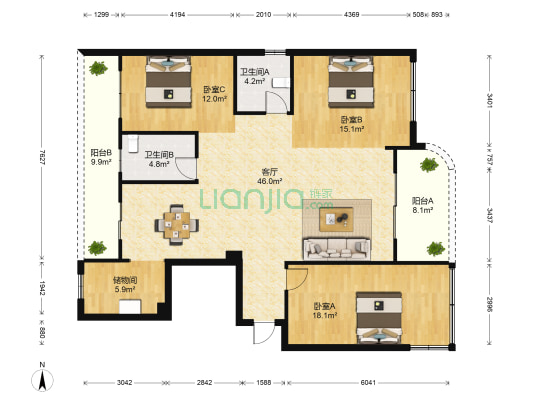 海岛国际名城 3室1厅2卫 136平方