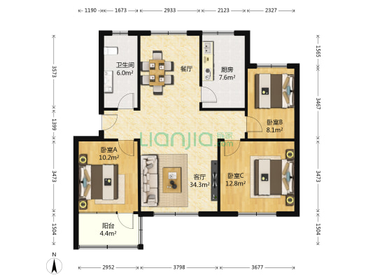 高青县技工学校住宅楼 3室1厅1卫 90平方