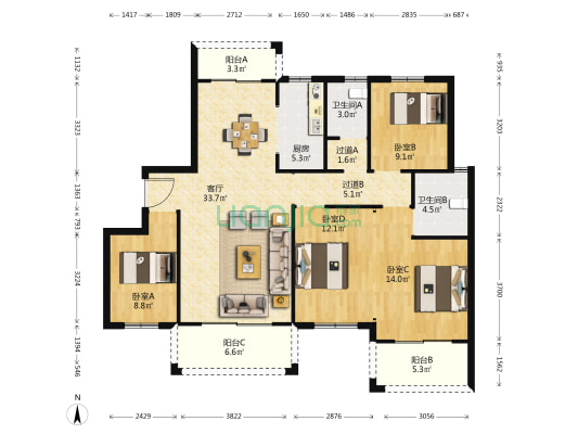 幸福考拉789 4室1厅2卫 139平方