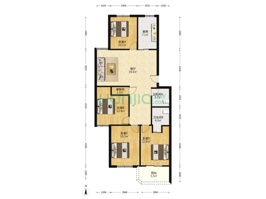 清波路小区 4室1厅2卫 124平方