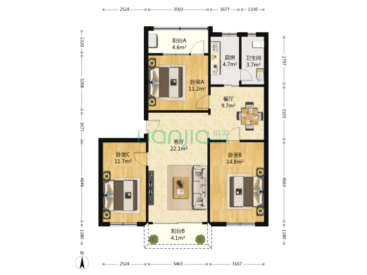 74区 3室2厅1卫 96平方