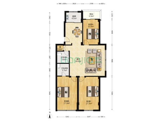 兴安街52-74号 3室1厅2卫 118平方