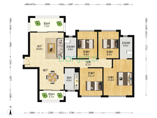 银马茵宝花园 4室1厅2卫 118平方