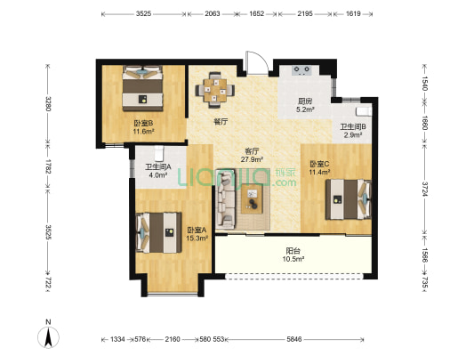 中联名城 3室1厅2卫 122平方