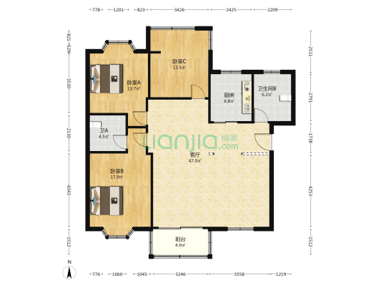 山观新村 3室1厅2卫 135平方