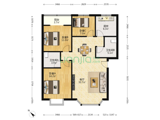 佳苑 3室1厅2卫 104平方