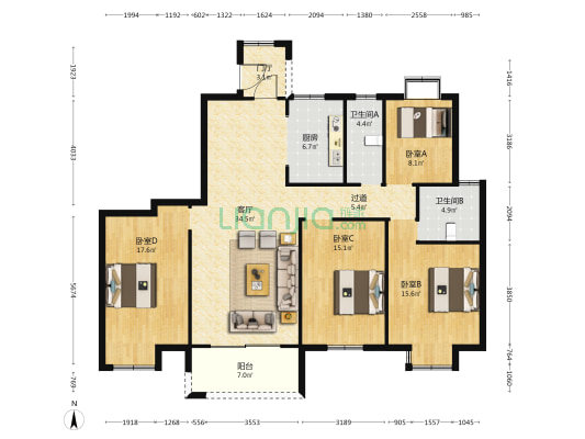 719街区 4室1厅2卫 165平方