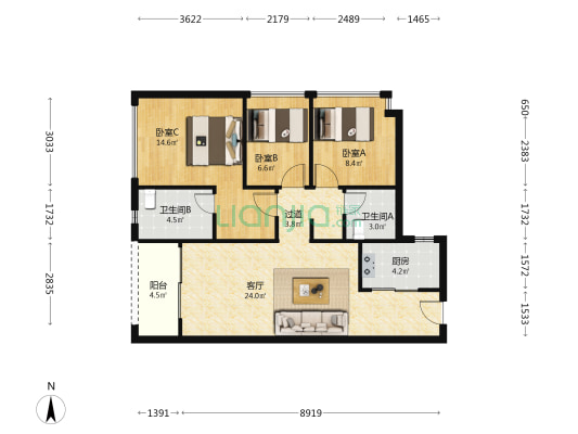 合正新悦润园 3室1厅2卫 97平方