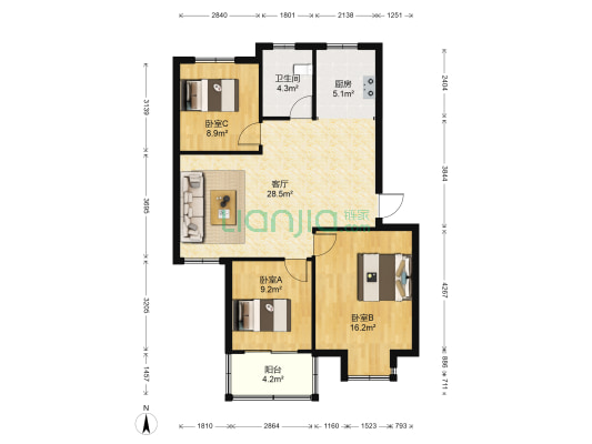 鸿远小区 3室1厅1卫 90平方