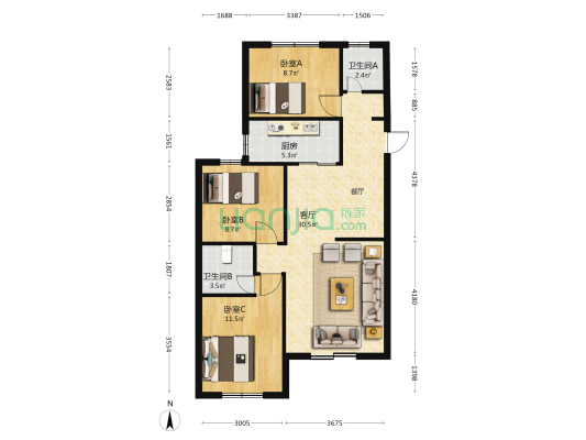 美岐红星商住花园 3室1厅2卫 105平方