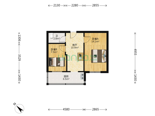 黑航住宅小区东区 2室1厅1卫 53平方