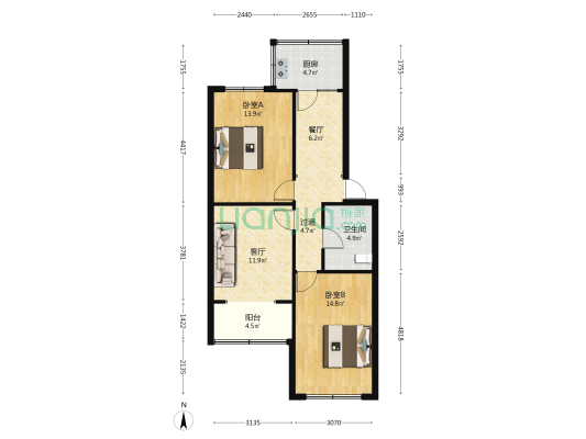 王郞公寓小区 2室2厅1卫 80平方