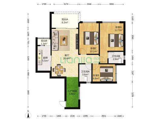 越亚天赐良园 3室1厅2卫 85平方