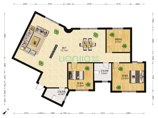 翠丽苑 2室1厅2卫 165平方