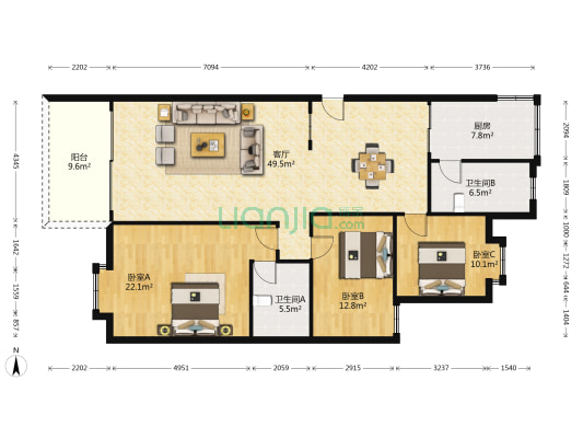 花城苑 3室1厅2卫 138平方
