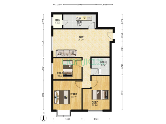 德信公园北侧 翡翠滨江 三居室 中高层 户型方正-户型图