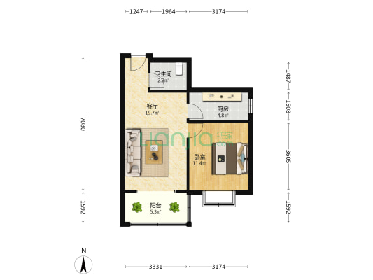 弘石湾C3区 1室1厅1卫 61平方