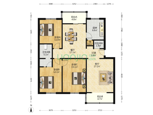 省政府家属院 3室2厅2卫 117平方