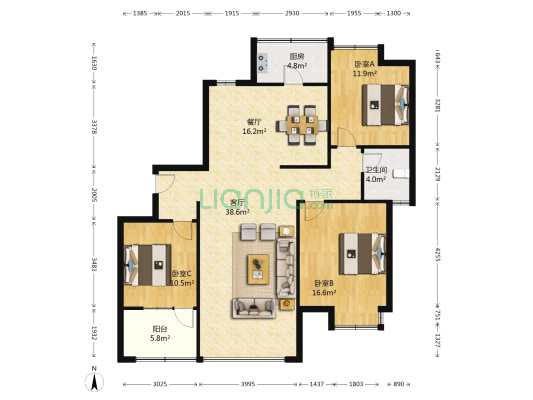 颐馨苑 3室2厅1卫 125平方