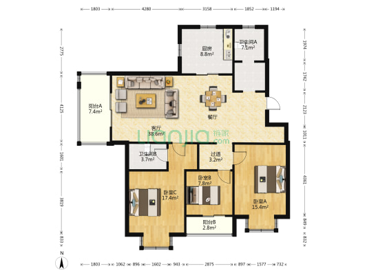 鑫惠花园南区 3室1厅2卫 130平方