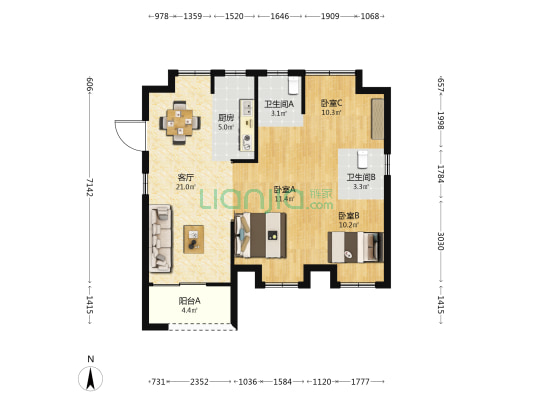 金地云境 3室1厅2卫 90平方