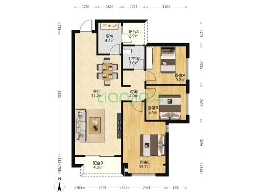 荣盛观云郡云尚组团 3室1厅1卫 103平方