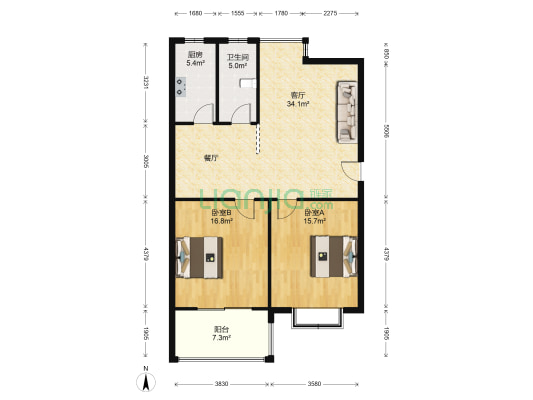 金程太阳花园 2室1厅1卫 107平方