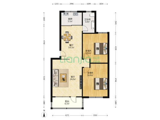 张店军休所南院 2室2厅1卫 105平方