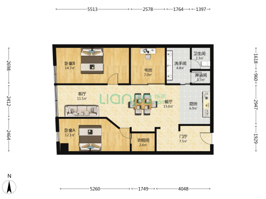 现代大厦 3室2厅3卫 132平方
