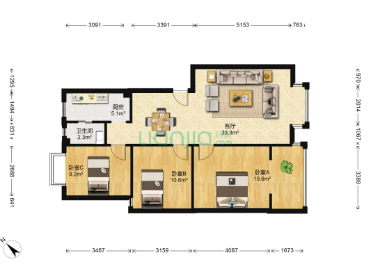 南丰紫金苑 3室1厅1卫 102平方