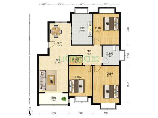宏远长安人家 3室2厅1卫 128平方