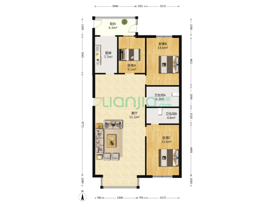金源嘉园 3室1厅2卫 156平方