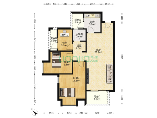 保亿湖山鹿鸣一期 3室1厅1卫 95平方