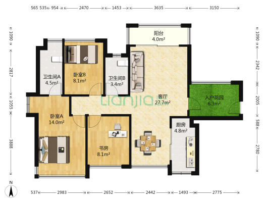 华福御水岸 3室1厅2卫 89平方