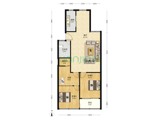 华府大楼 3室1厅1卫 121平方