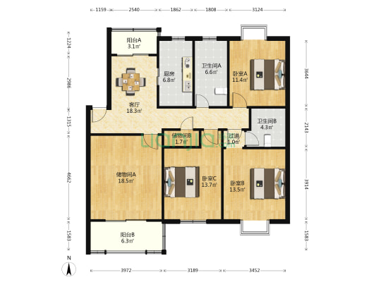 锦峰苑 3室1厅2卫 121平方