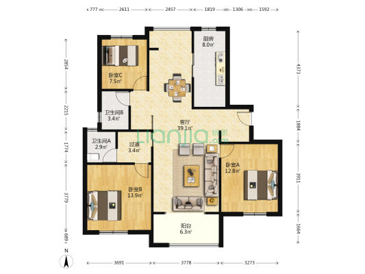 张弄盛苑 3室1厅2卫 133平方